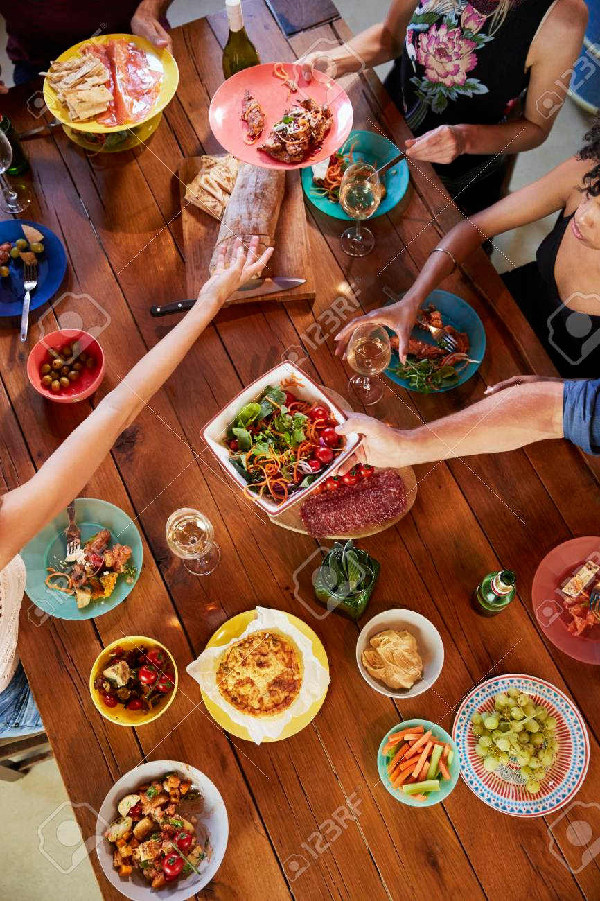 Overhead view of friends sharing a meal