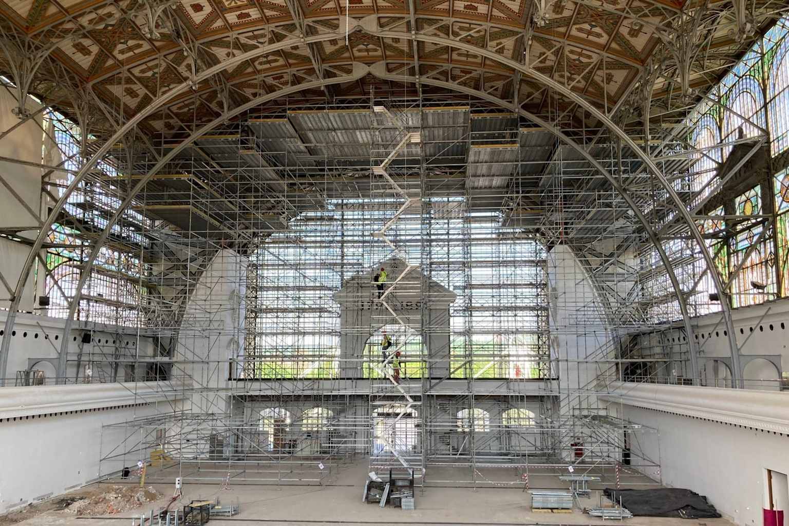 Industrial Palace stained glass windows interior scaffolding