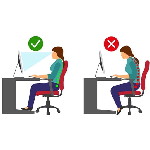 Postura corretta vs scorretta alla scrivania - illustrazione ergonomica