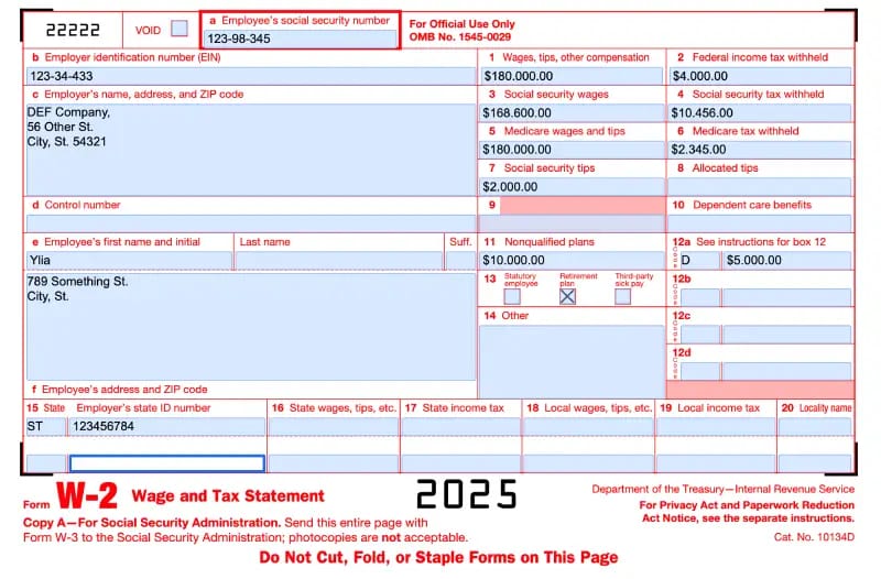 Ejemplo visual de un formulario W-2 con etiquetas explicativas