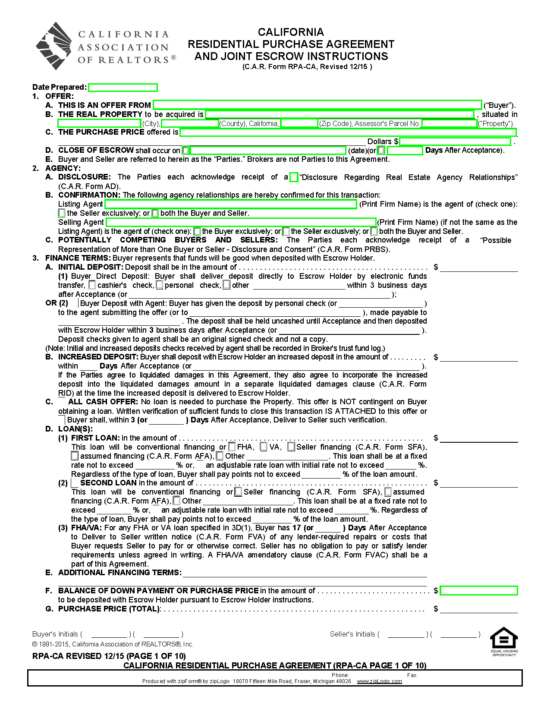 California residential purchase agreement document
