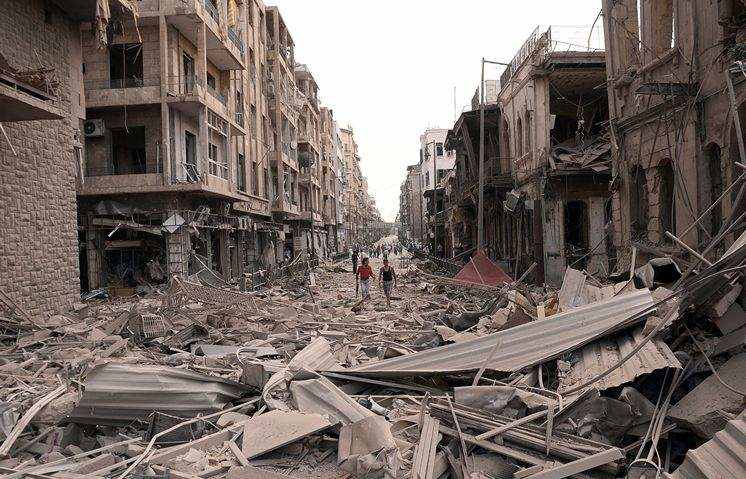 War-torn city street lined with damaged buildings and rubble