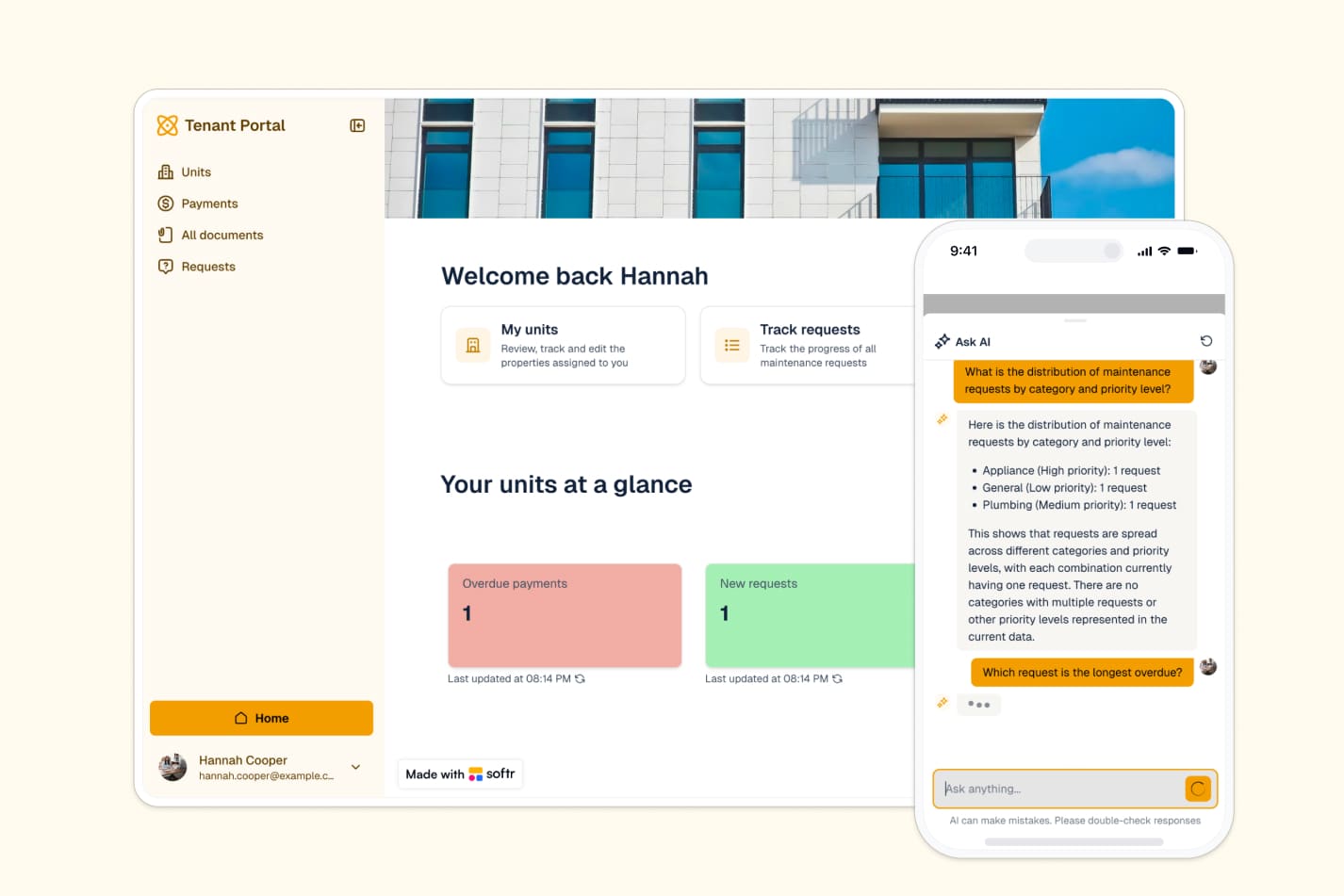 Tenant portal showing unit information, payment status, and maintenance request tracker