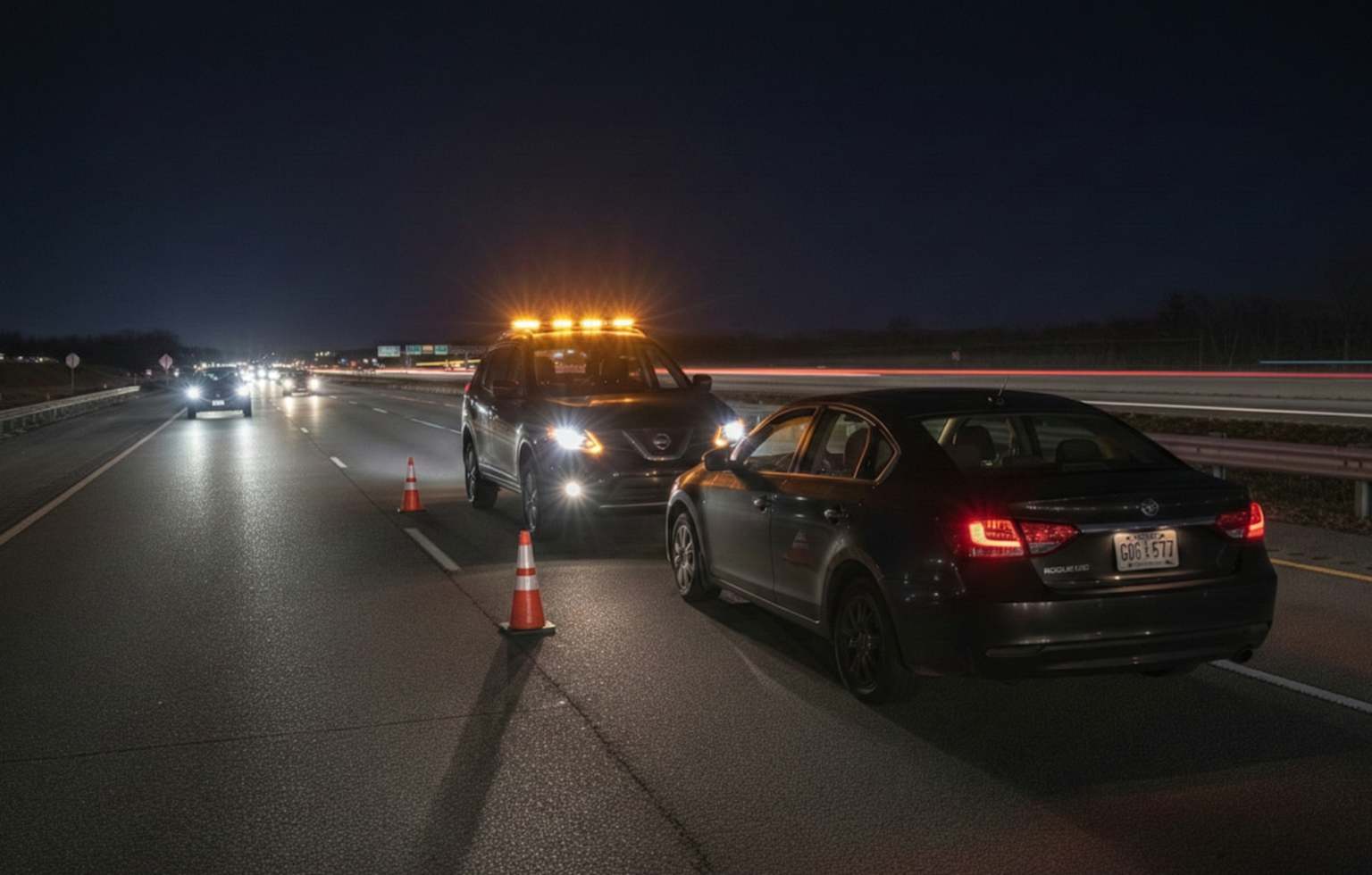 Roadside service vehicle assisting a stranded car on the highway at night