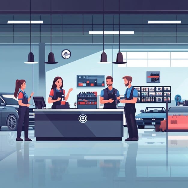 Illustrated automotive service reception team in a modern dealership environment
