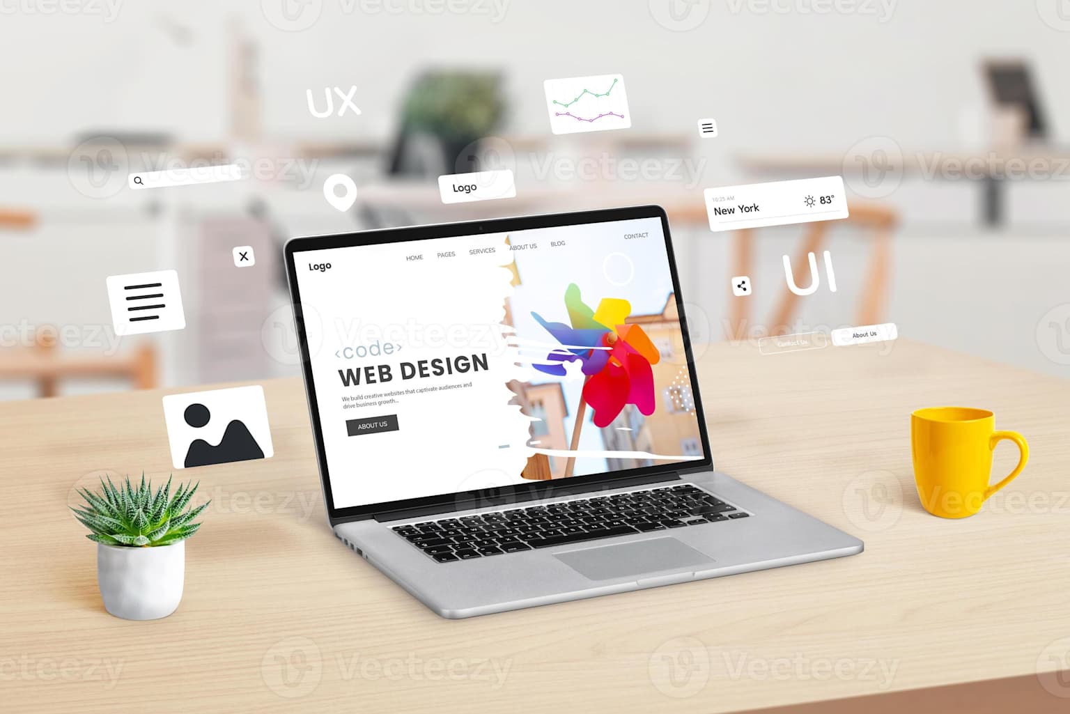 Ordinateur portable affichant une maquette de site web moderne