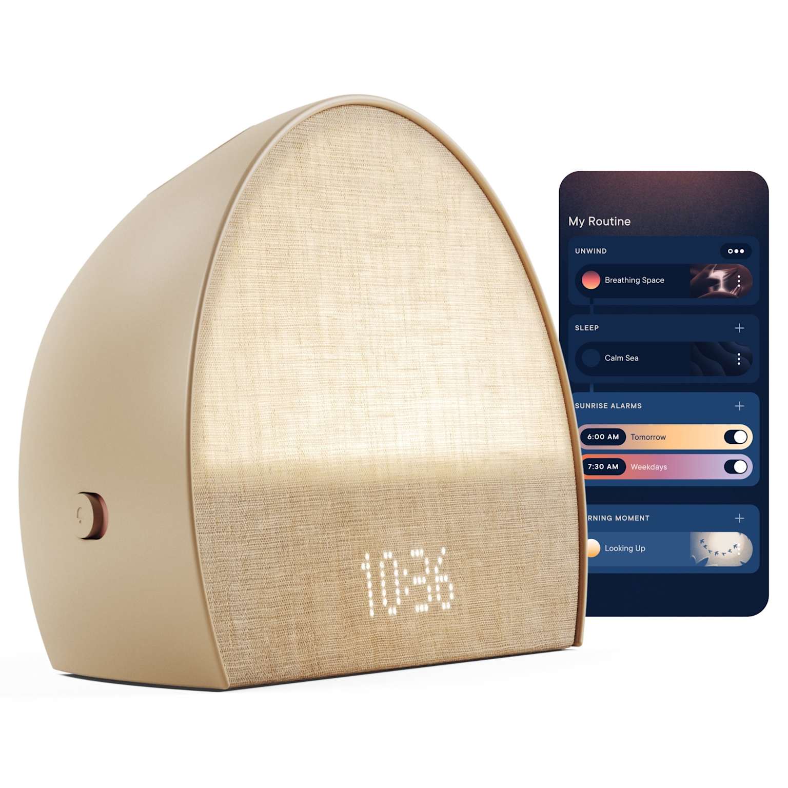 Hatch Restore 2 sunrise alarm clock with sleep app showing breathing exercises
