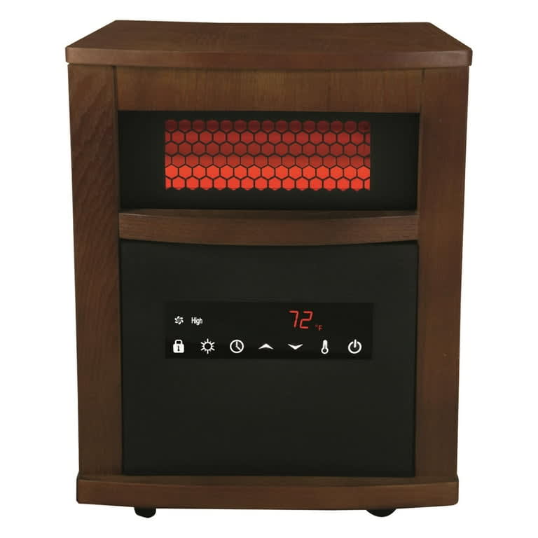 An infrared quartz space heater inside a wooden cabinet