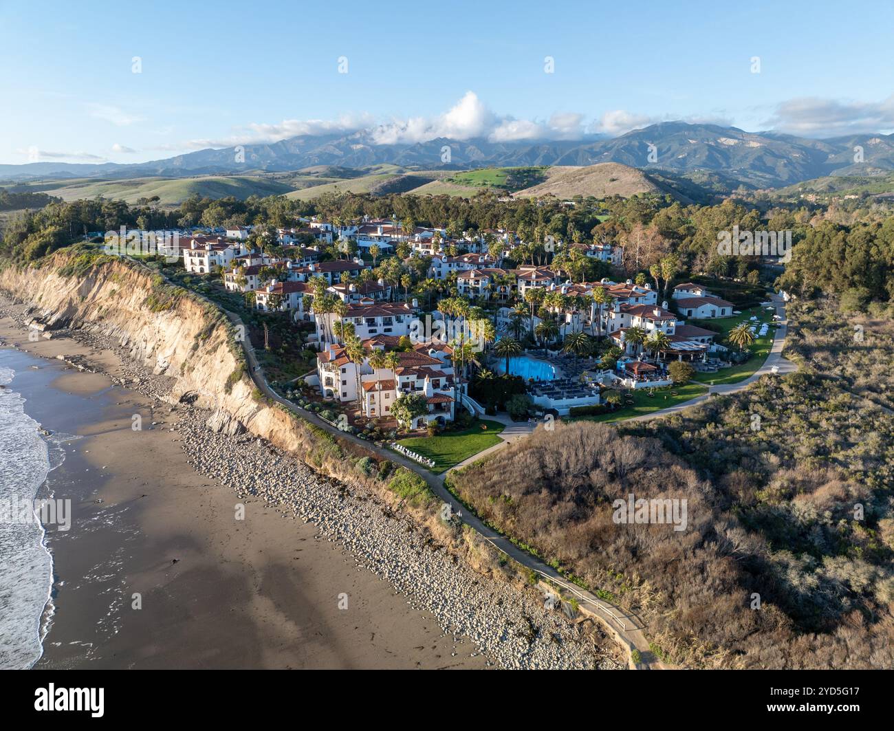 Aerial coastal view of Santa Barbara with homes, beach, and ocean