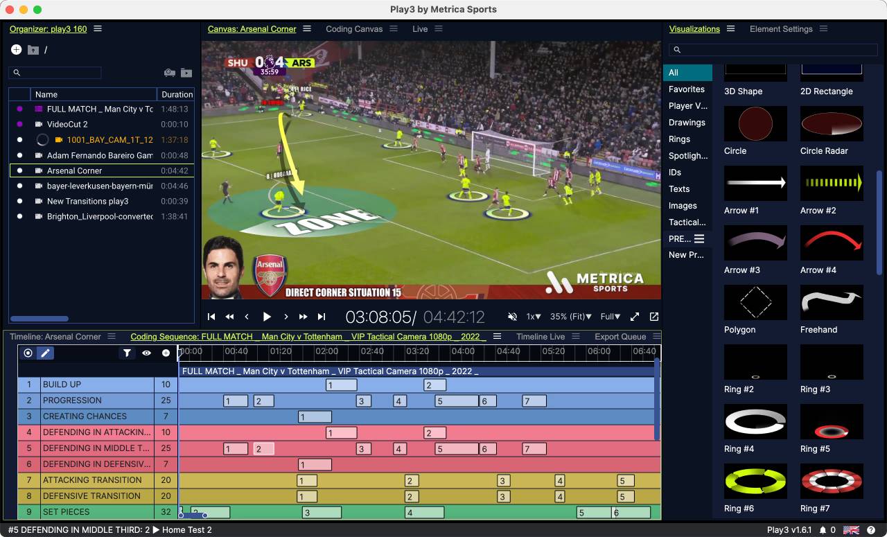 Football analytics interface with player tracking overlays