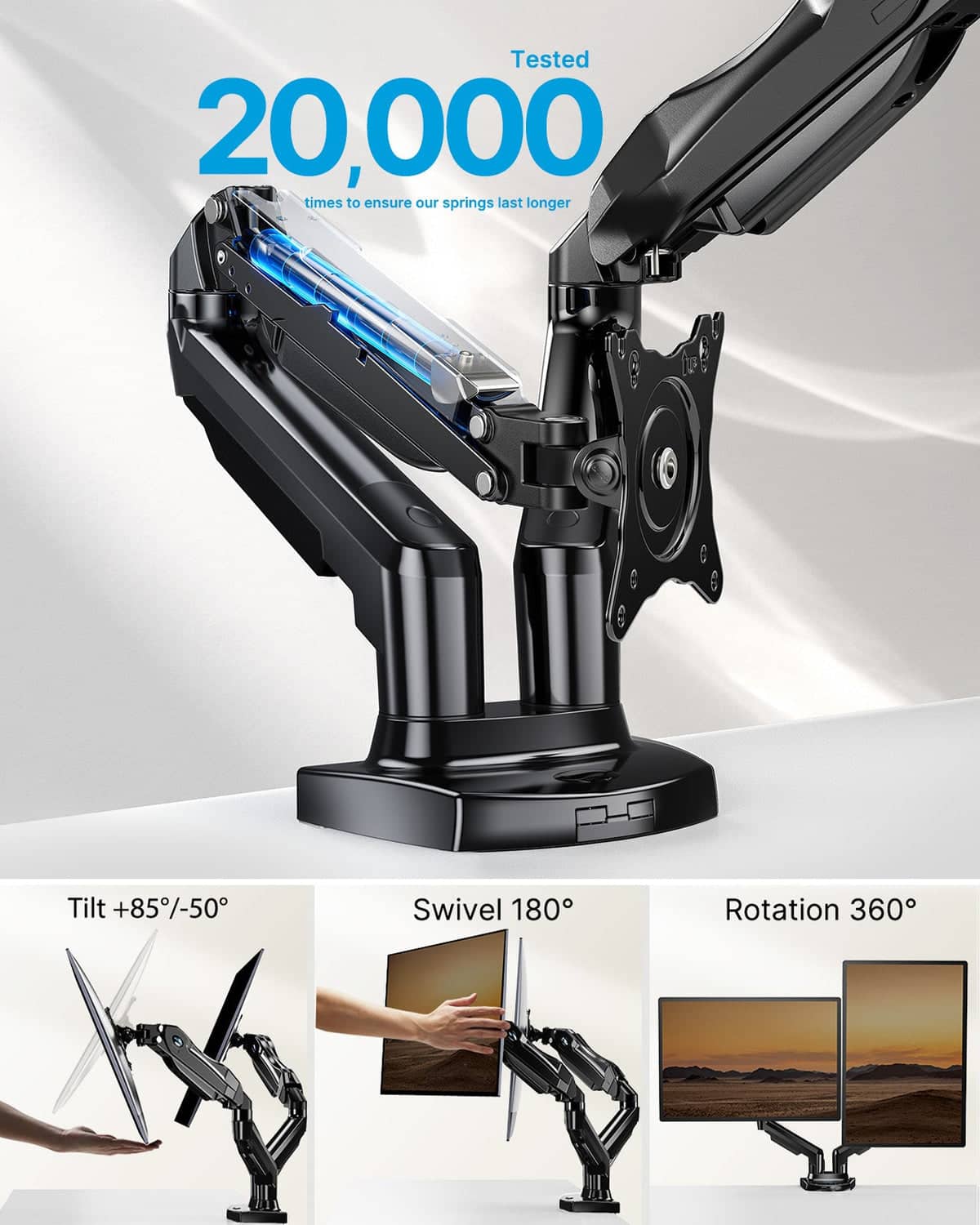 HUANUO FlowLift Dual Monitor Stand - two independent gas spring arms on white background