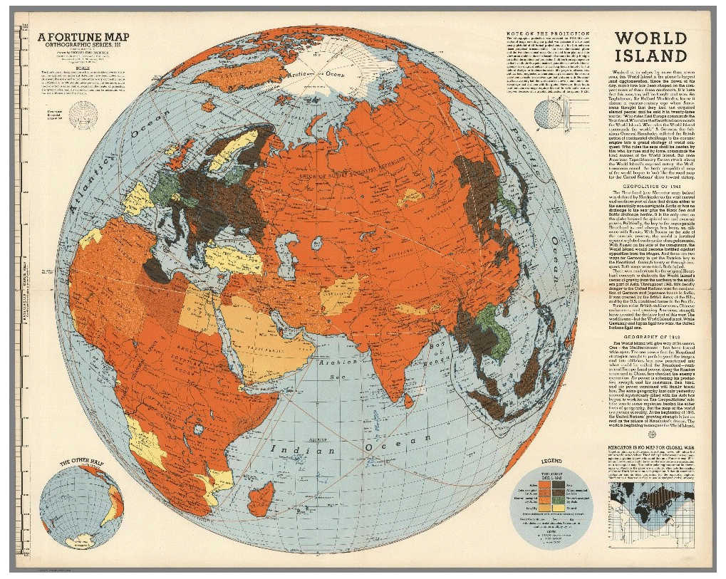 Vintage world map highlighting Mackinder's Heartland World Island theory 1919