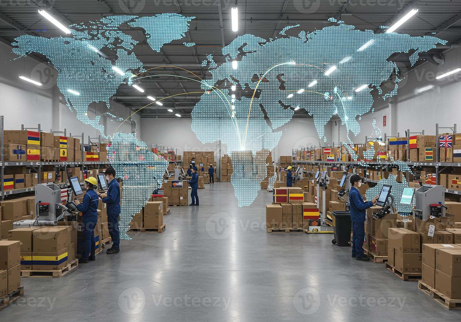 Warehouse workers processing international shipments with global logistics overlay