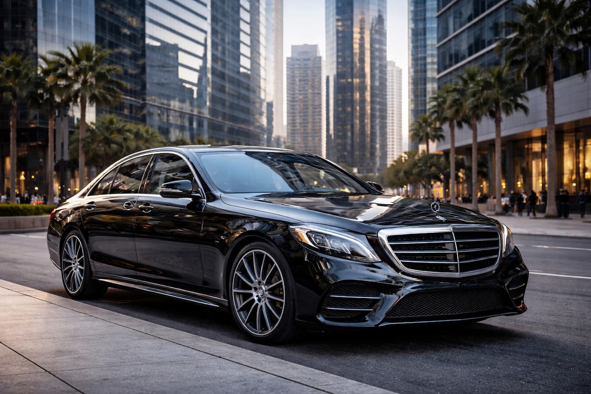 Black luxury sedan parked in a city setting for premium limo service