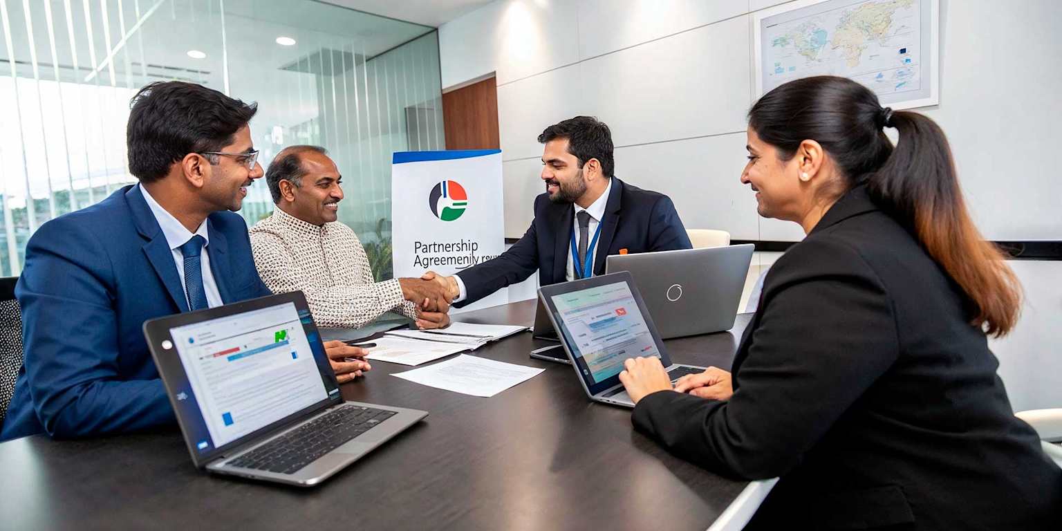 Business professionals in a meeting discussing partnership and software solutions