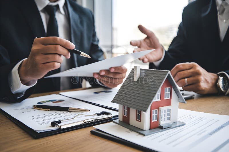 Real estate consultation meeting with documents and model house