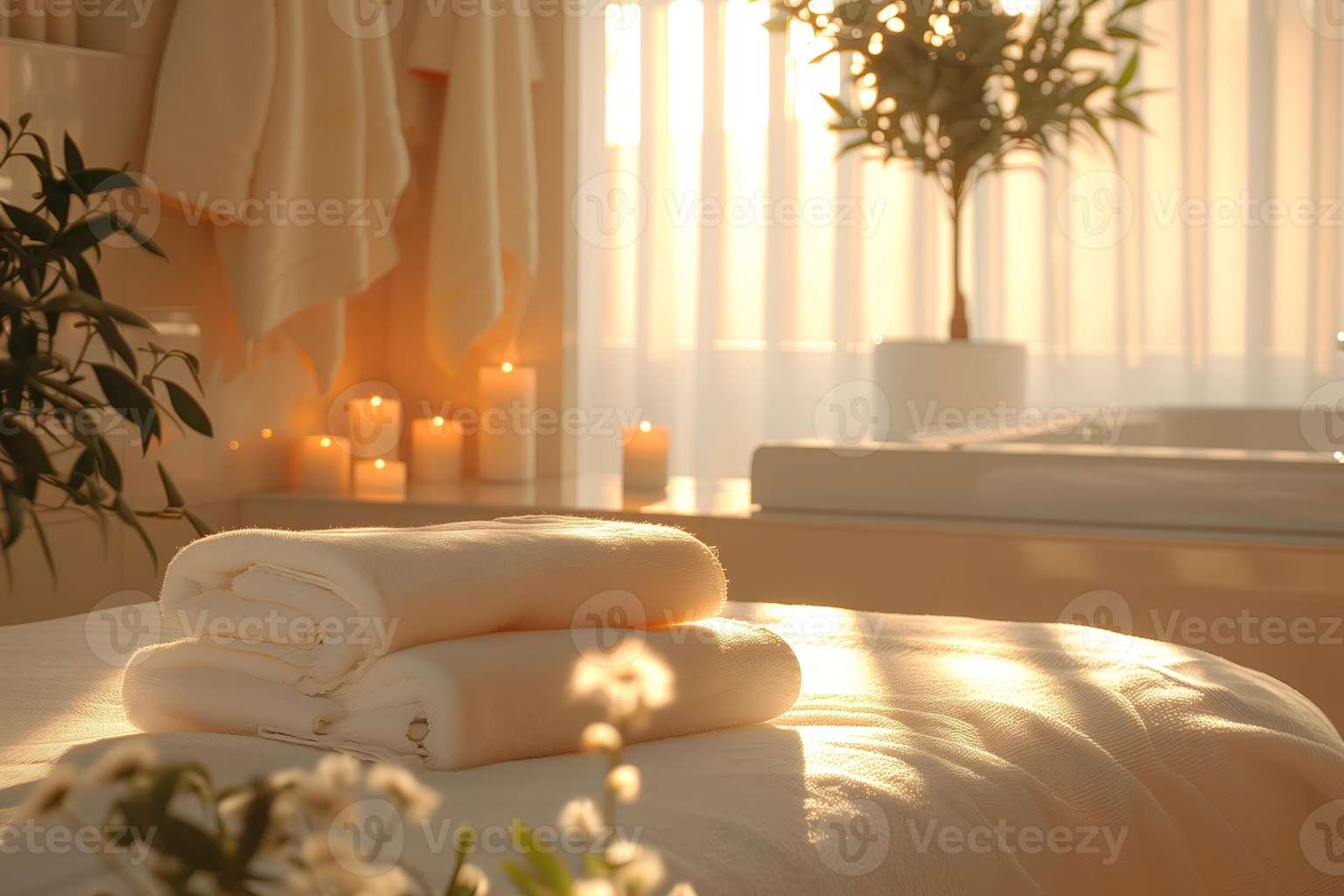 Serviettes spa roulées sur une table de massage avec lumière naturelle