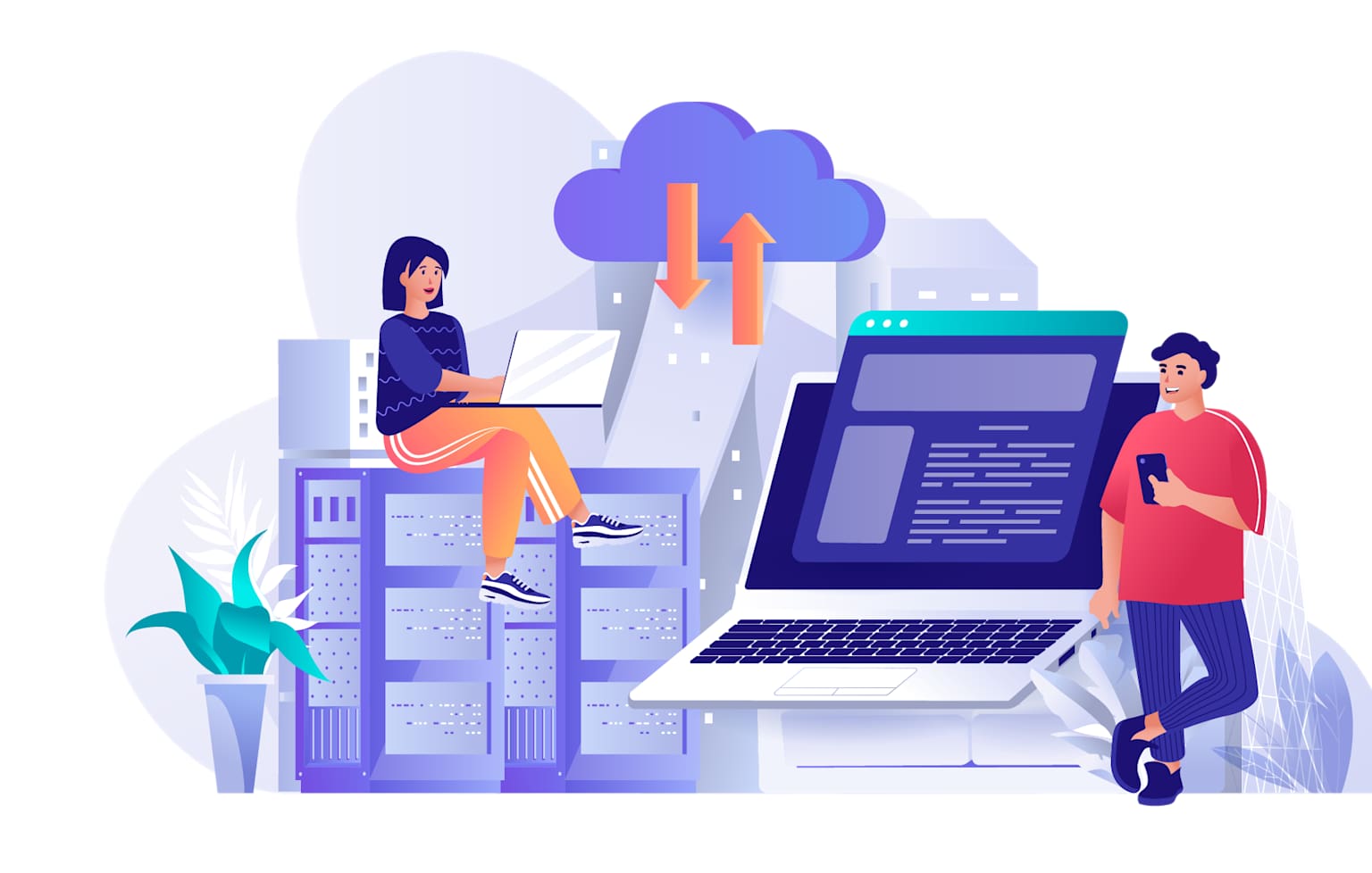 Illustration showing web hosting workflow with laptop, servers, cloud tools, and people