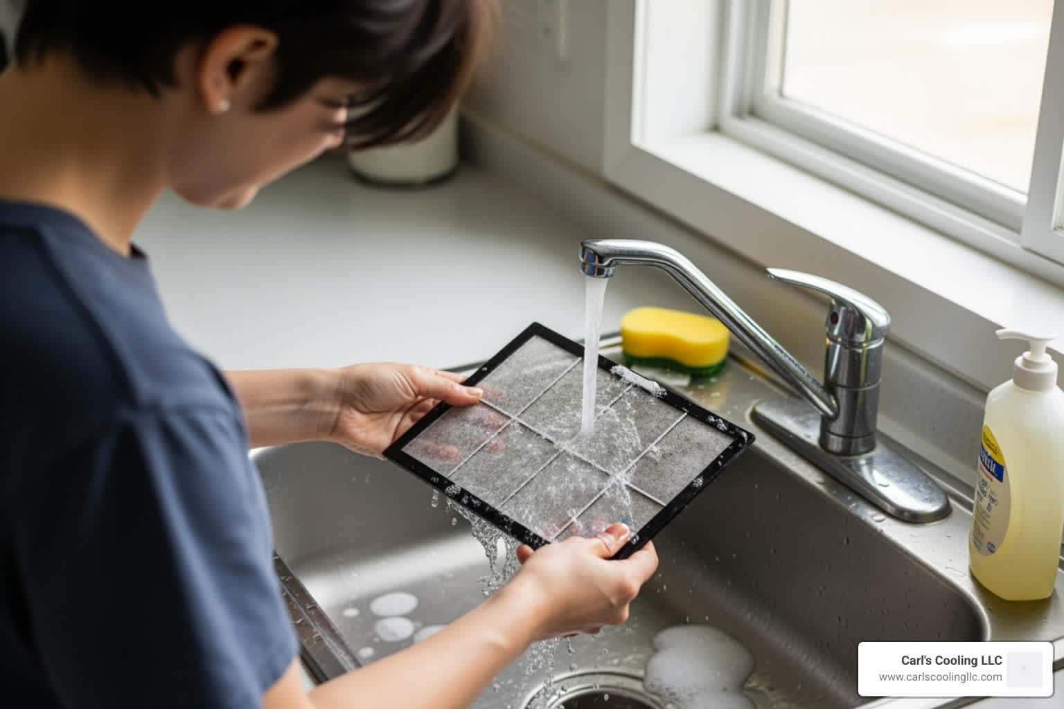 Rinsing a dirty window air conditioner filter in a kitchen sink to improve airflow