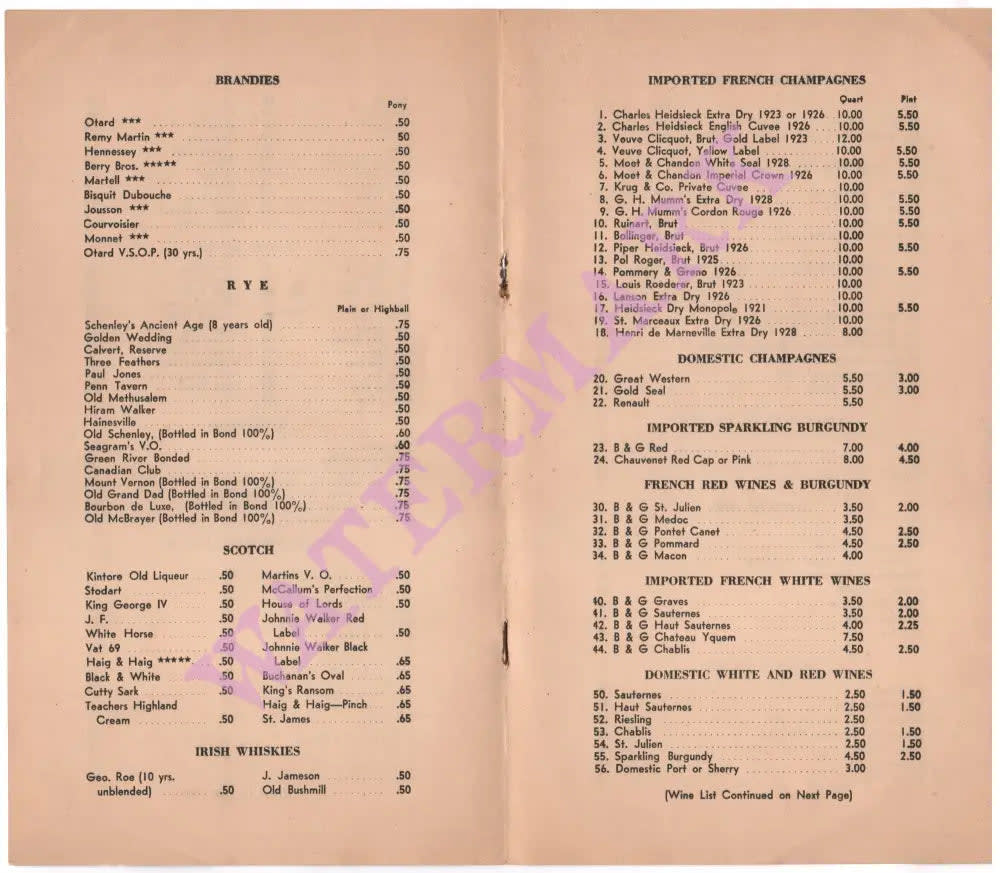 Винтажное меню 1930-х на двух страницах