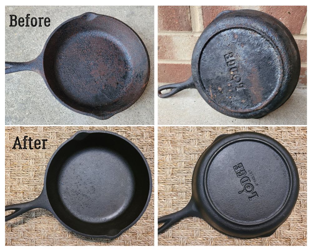 Cast iron skillet before and after rust restoration