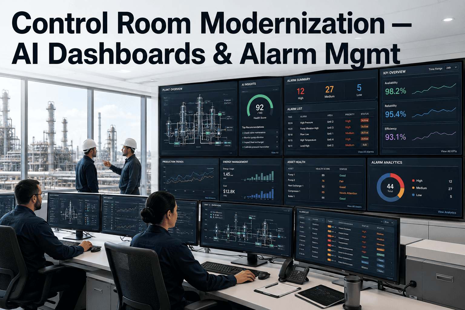 Industrial manufacturing plant with AI dashboards