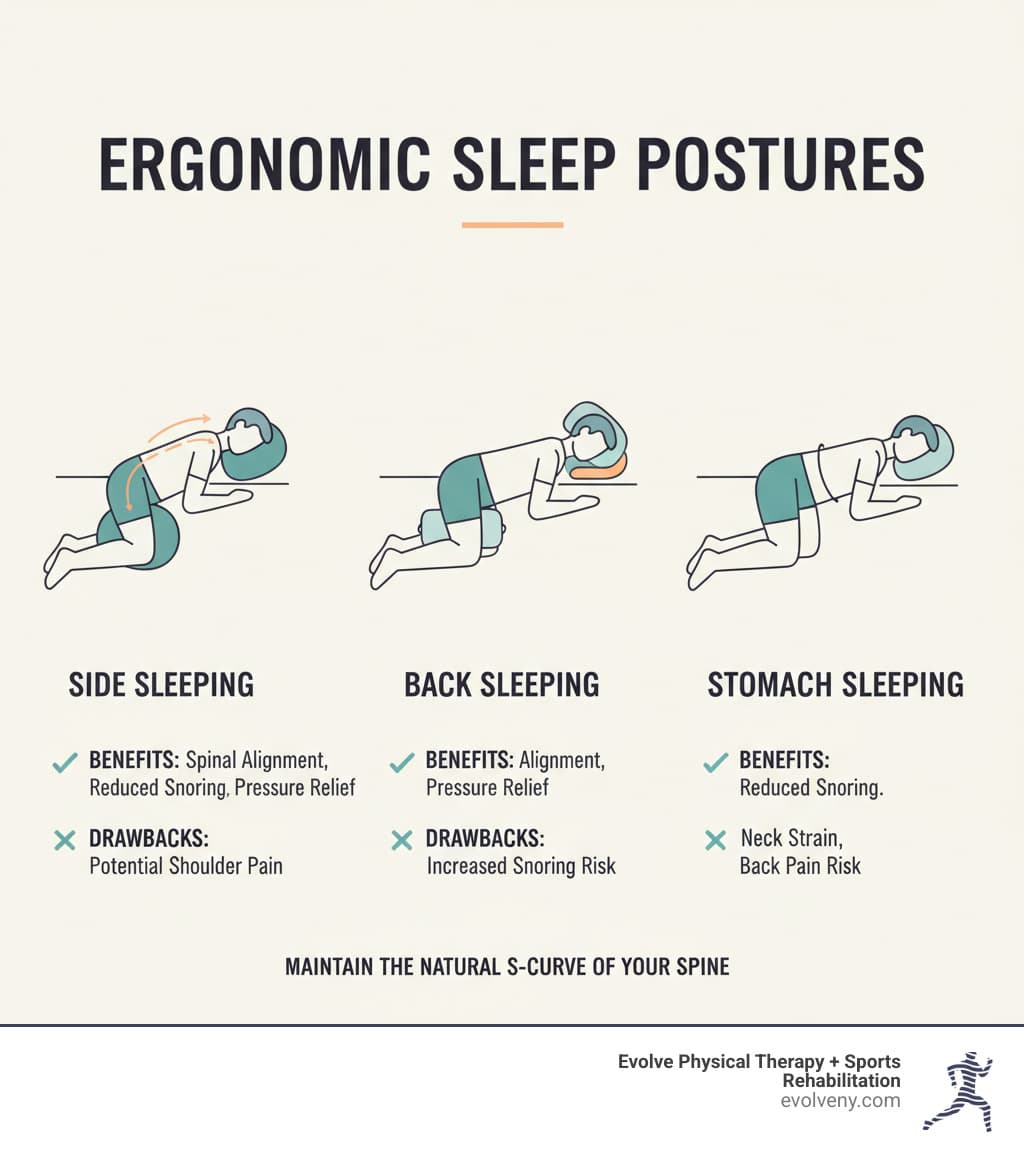 Best Sleeping Position: Side, Back & Stomach Guide 3 Ergonomic sleeping posture infographic comparing side sleeping back sleeping and stomach sleeping with spinal alignment notes