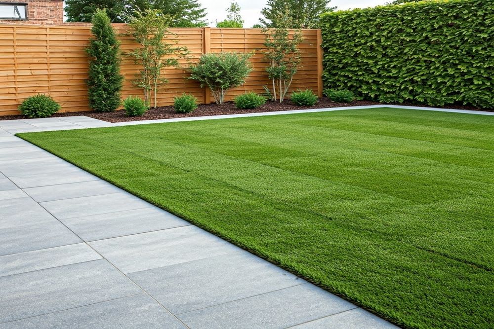 Artificial turf blended with paver edging Bay Area backyard