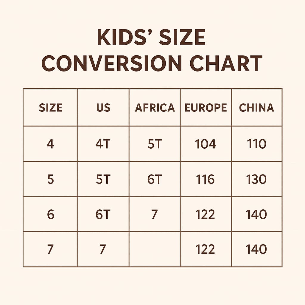 Kids clothing size conversion chart comparing EU, US and other international sizes