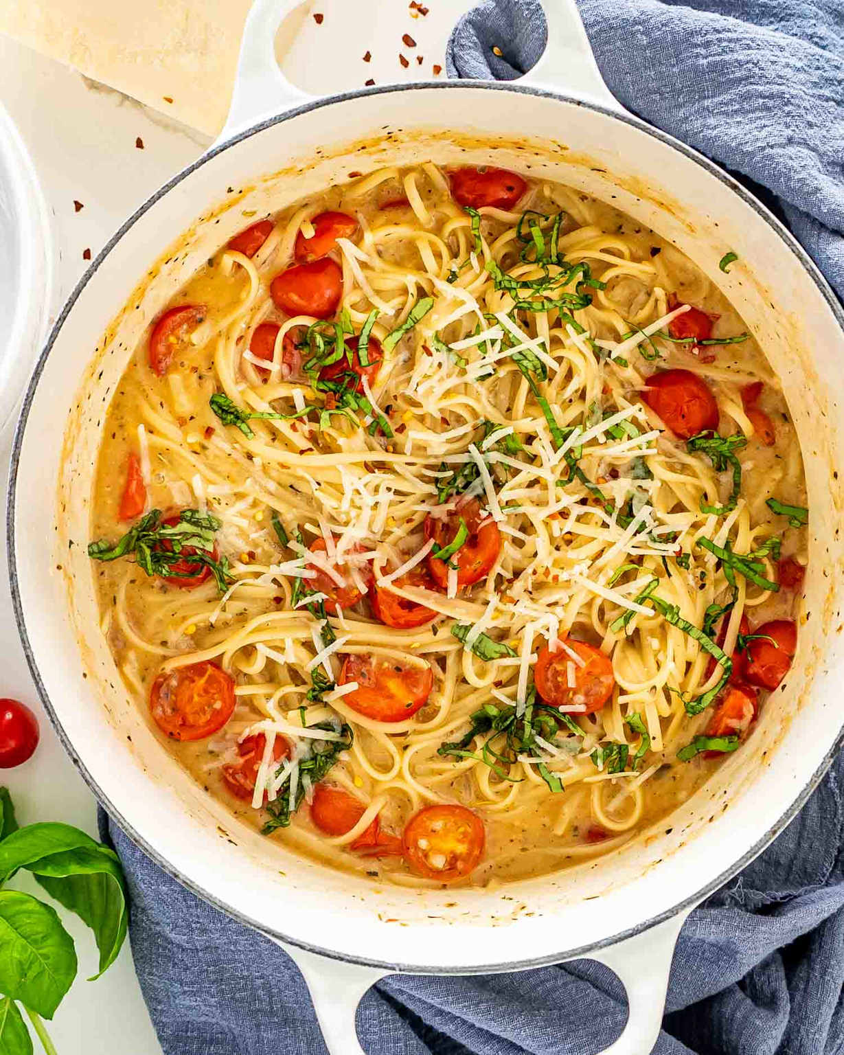 One-pot creamy pasta with cherry tomatoes and basil
