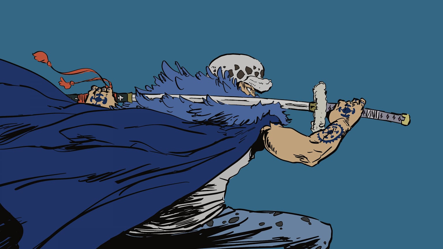 Trafalgar Law, One Piece, espada, capa azul, tatuajes, HD 4K