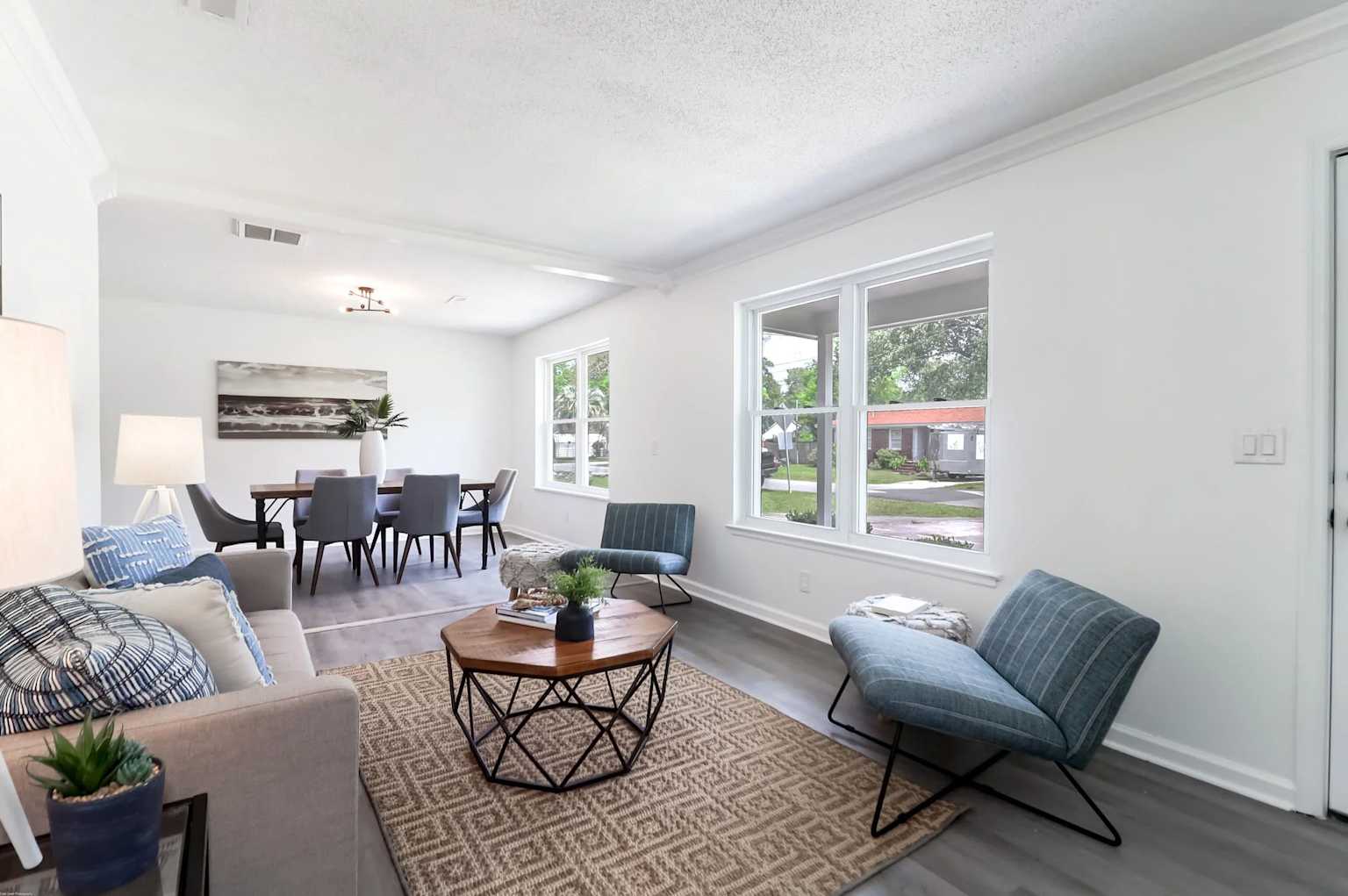 Bright neutral staged living room