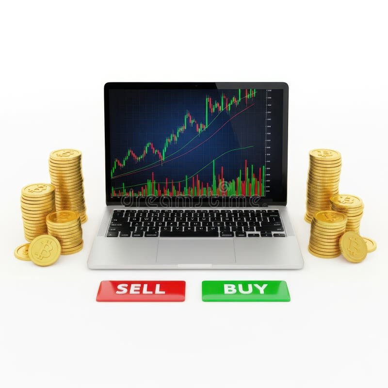 Gold trading laptop illustration with chart and buy sell buttons