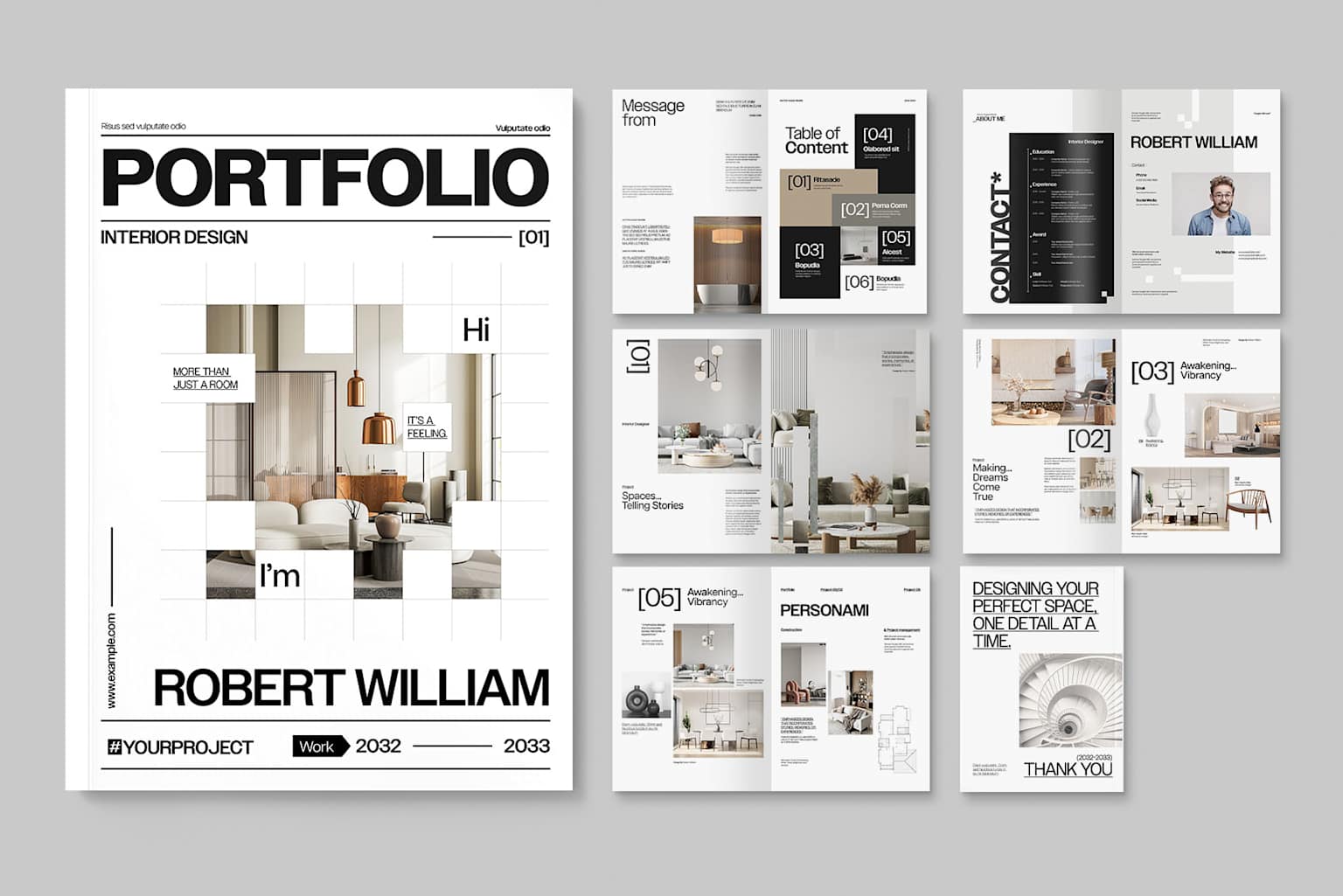 Editorialowy układ portfolio z realizacjami projektowymi