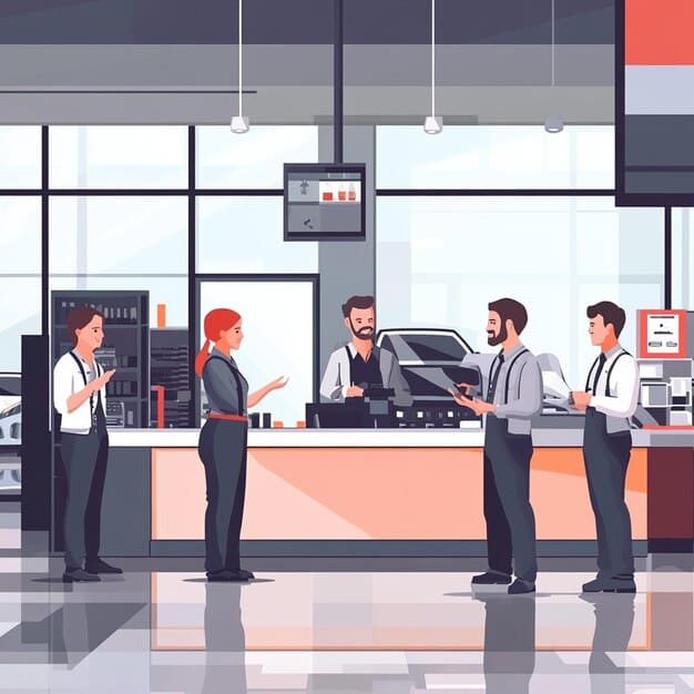 Professional automotive support team illustration in a clean modern office