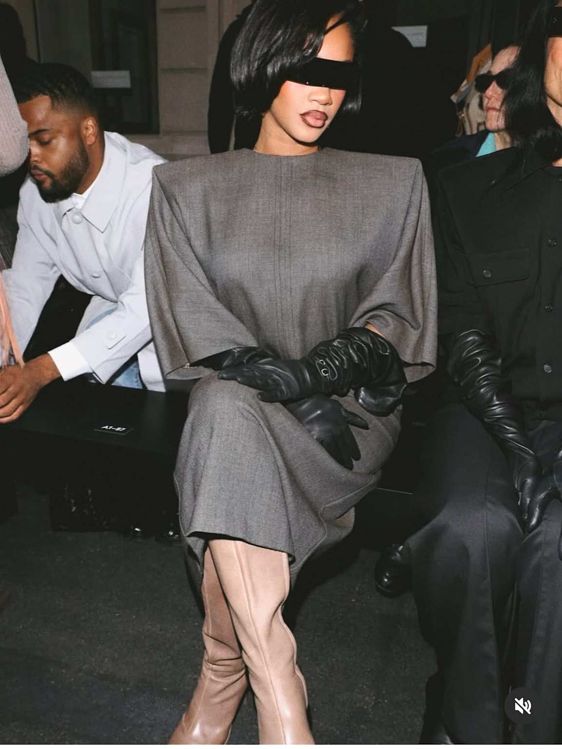 Saweetie gray dress black gloves tan boots detail