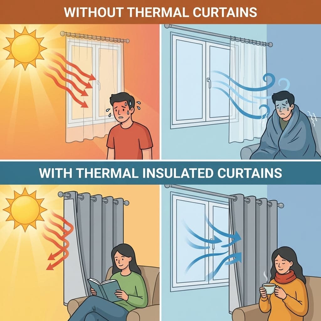 Infographic showing how thermal curtains block cold wind and heat rays