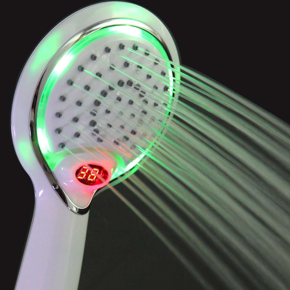 A modern smart shower head with a digital LED temperature display