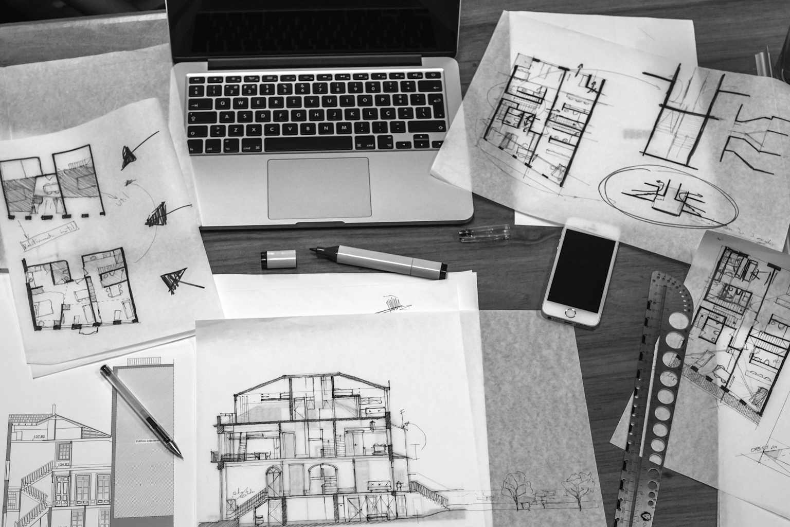 Architect's desk with blueprints