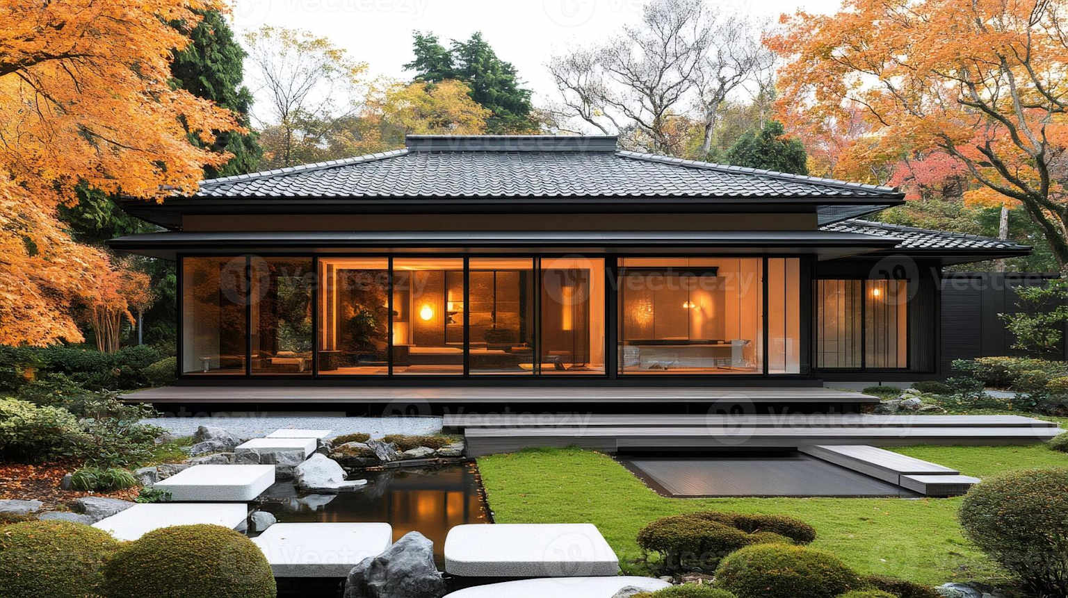 Casa moderna no Japão com jardim e iluminação elegante