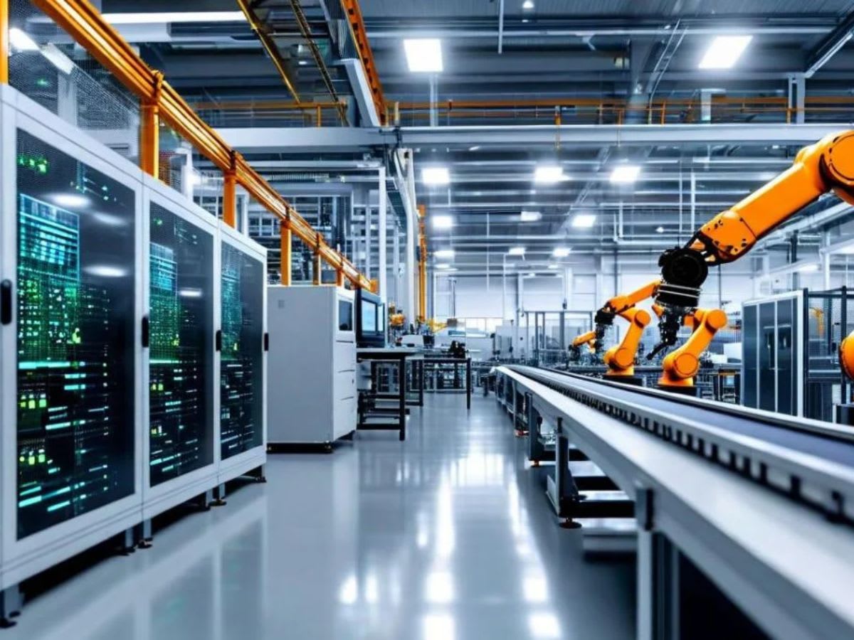 Industrial robotic arms on a manufacturing line — representing Physical AI capabilities at the TCS Gemini Experience Centre in Troy, Michigan