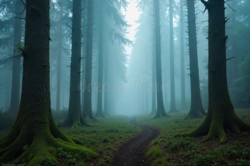 Misty ancient forest path