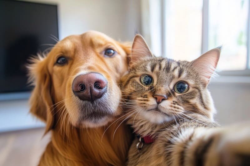 Chien et chat heureux à la maison