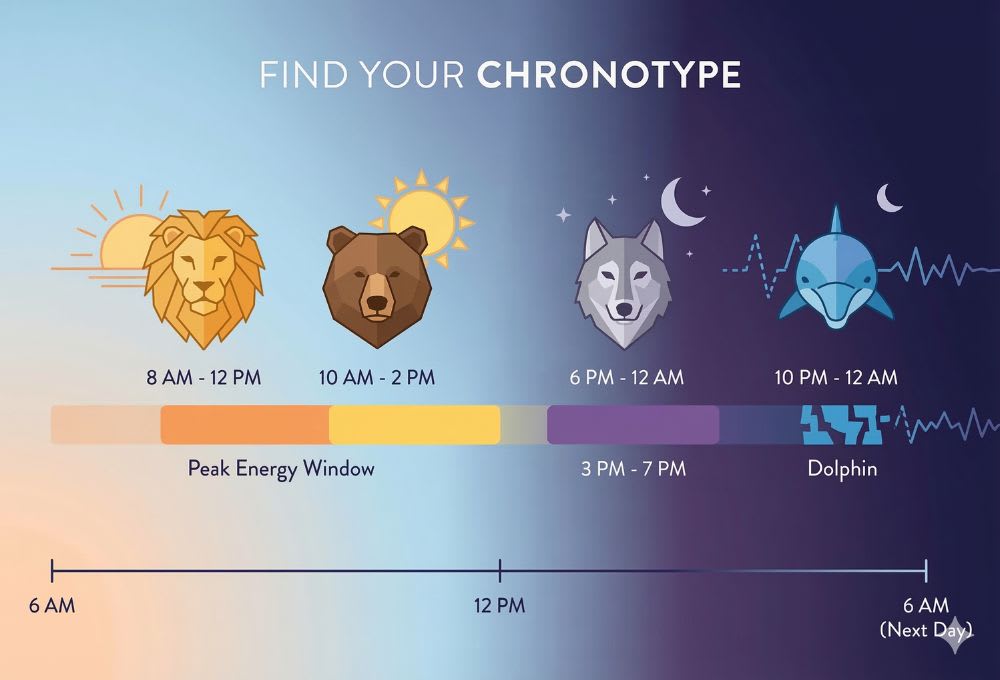 Infographic showing the four sleep chronotypes ,β Lion (8AMβ12PM peak), Bear (10AMβ2PM peak), Wolf (5PMβ12AM peak), Dolphin (3PMβ9PM peak) β as animal icons with energy curves across the day by chronotype calculator