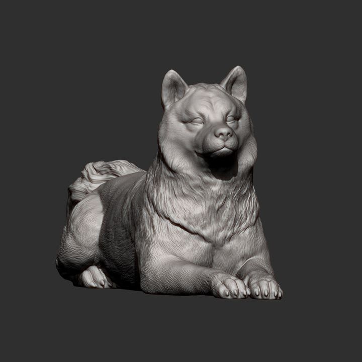 Dark grayscale Shiba Inu form used as a solemn archive guardian