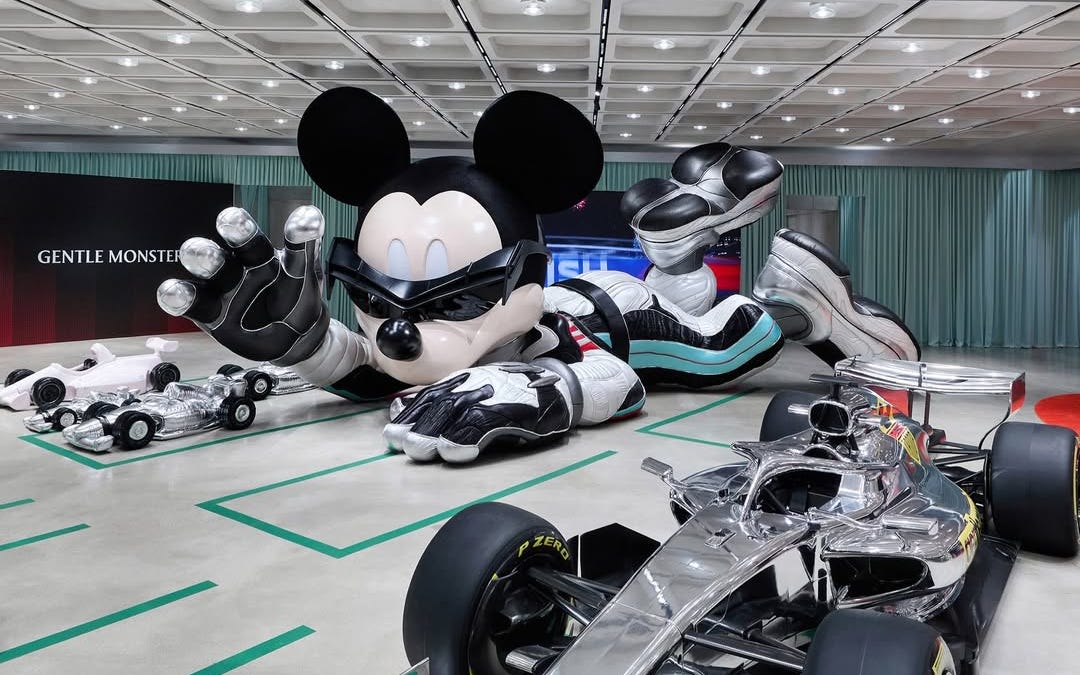 การติดตั้ง Gentle Monster Disney x F1 พร้อมรูปปั้น Mickey Mouse รถแข่งสีเงิน และรองเท้าผ้าใบ