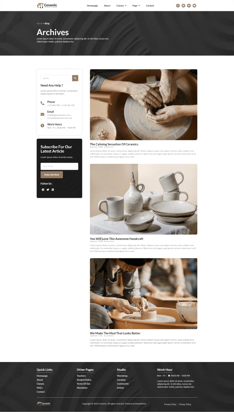 Pottery website collage showing clay shaping and finished ceramic pieces
