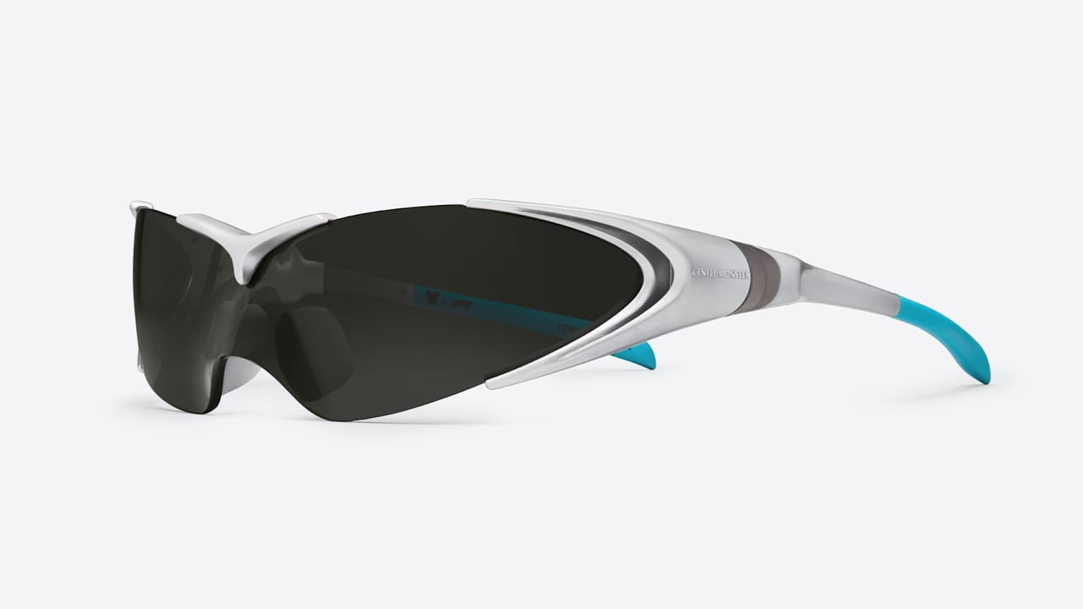 แว่นตา Gentle Monster Disney x F1 ทรง wraparound สีขาว เลนส์ดำ พร้อมรายละเอียดสีเขียวอมฟ้า