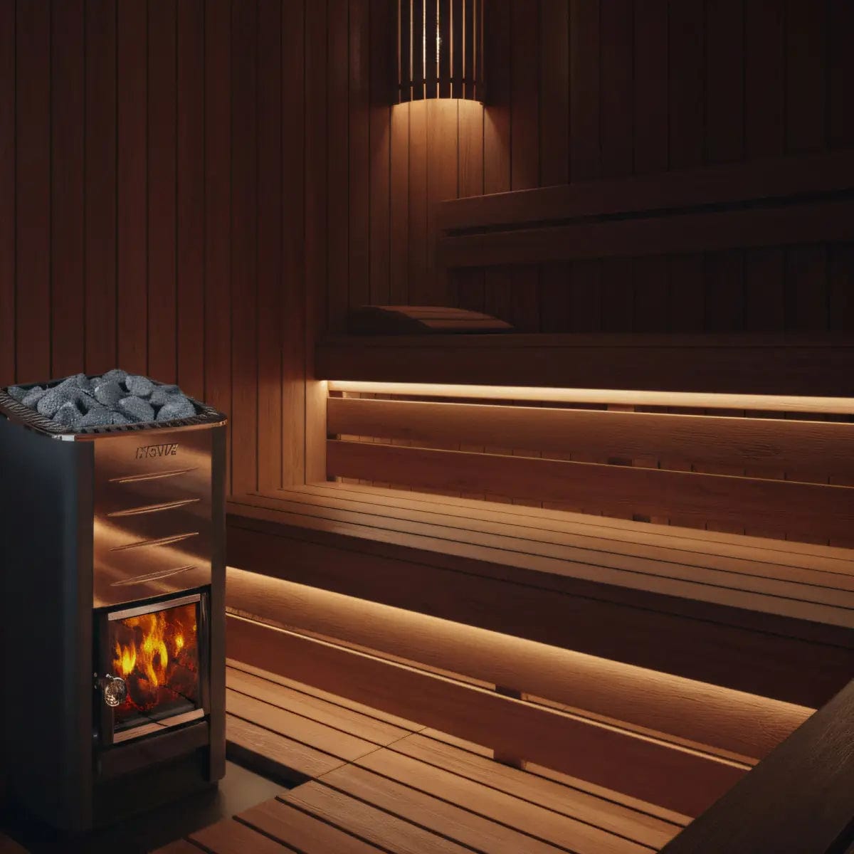 Harvia M3 wood burning sauna stove with glowing fire and rocks loaded in a cedar-lined sauna interior