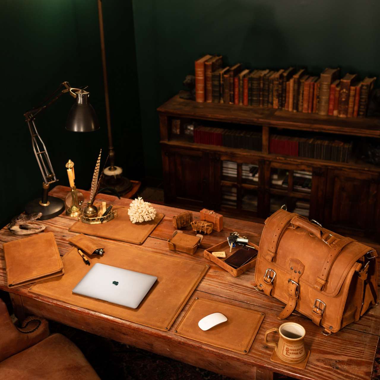 Saddleback Leather Desk Pad Blotter &mdash; thick full grain leather with 100-year warranty, warm study desk setup